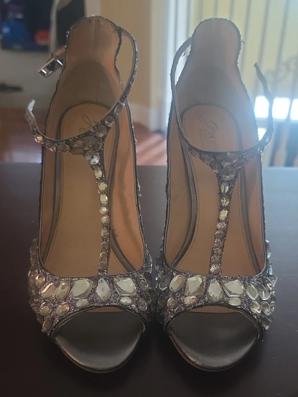 Badgley Mischka Crystal-Embellished T-Strap Heels in Silver
